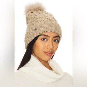 NEW DESIGNER SOIA & KYO AMALIE cable knit WOOL beanie/toque red feather pom pom